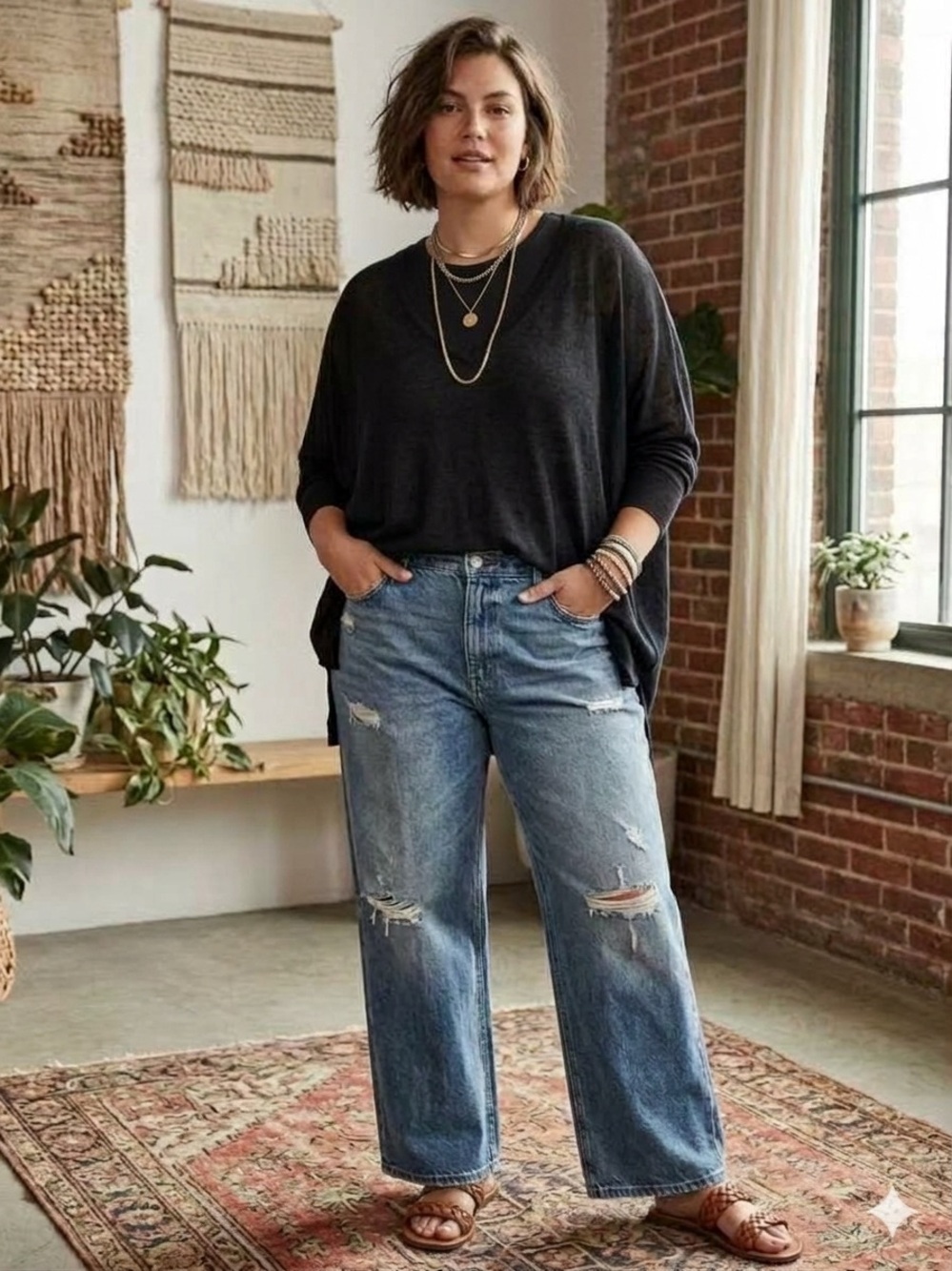 Garnet Hill Black Organic Linen Boxy V-Neck Oversized Slouchy Knit Sweater XL